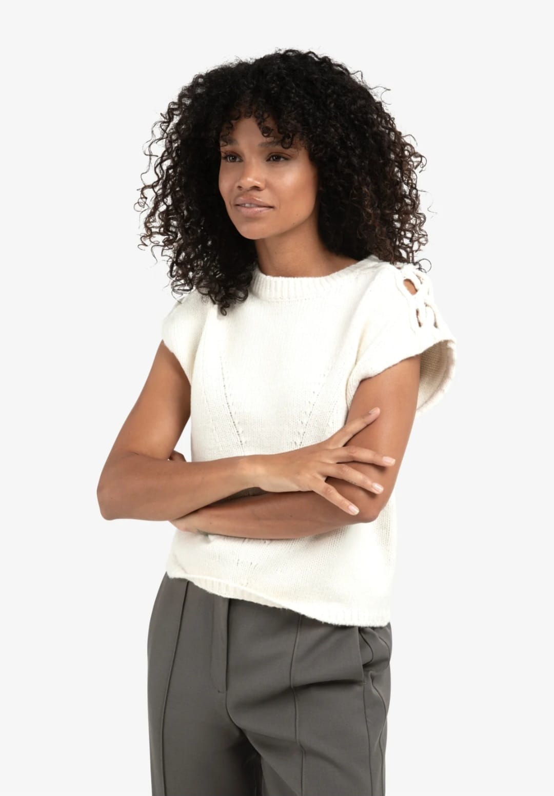 White Knit Sleeveless Top with Lattice Shoulder Detail