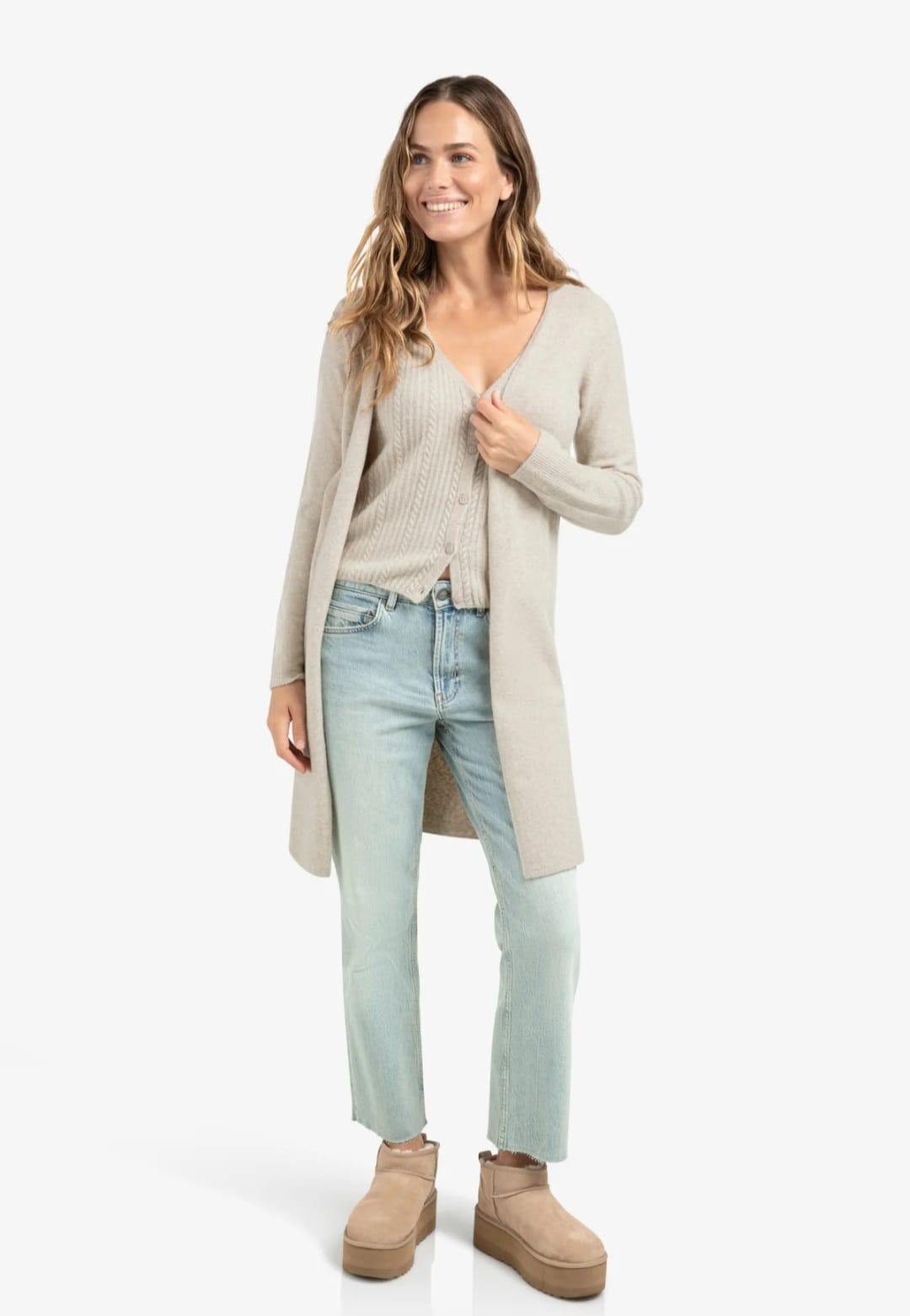 Long Beige Knit Cardigan