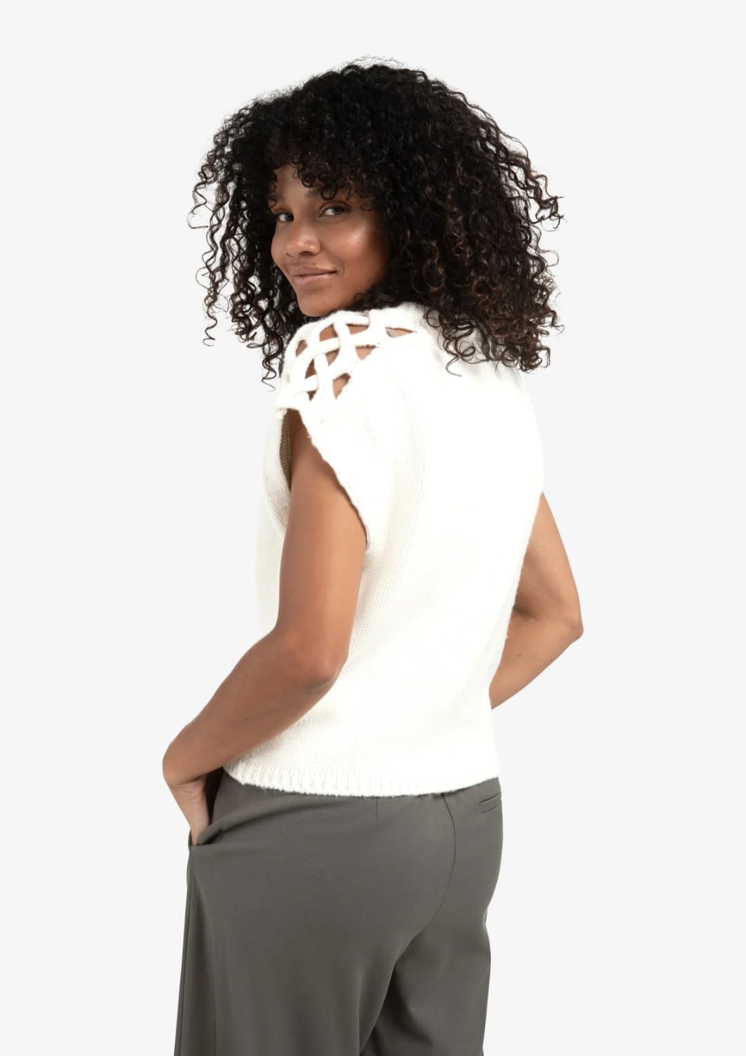 White Knit Sleeveless Top with Lattice Shoulder Detail