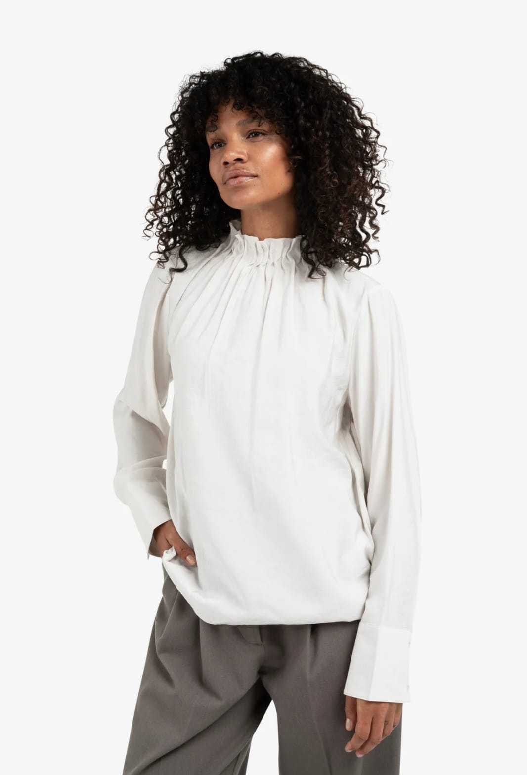 White High-Neck Blouse with Gathered Details