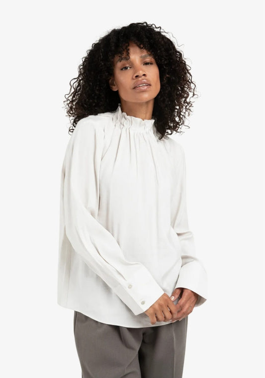 White High-Neck Blouse with Gathered Details