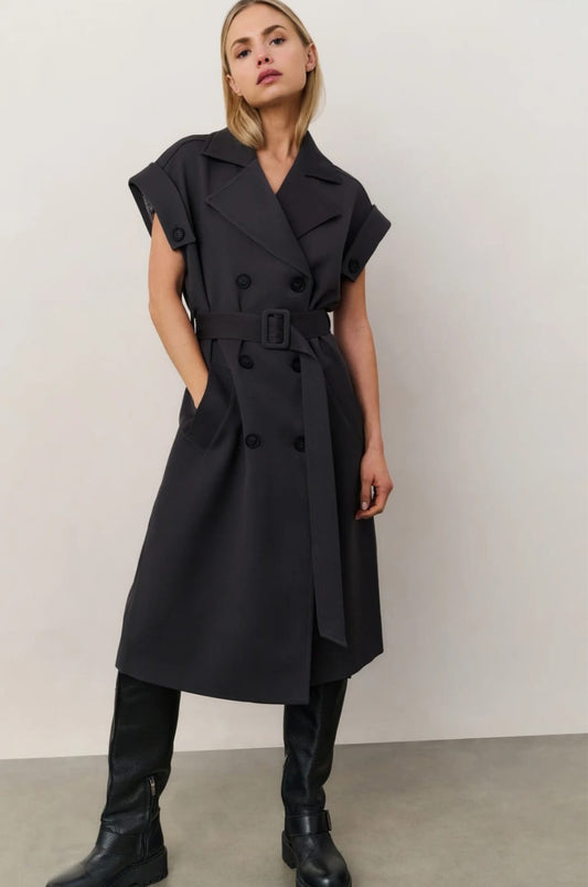 Sleeveless Belted Trench Dress in Charcoal