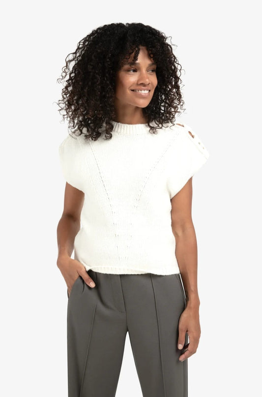 White Knit Sleeveless Top with Lattice Shoulder Detail