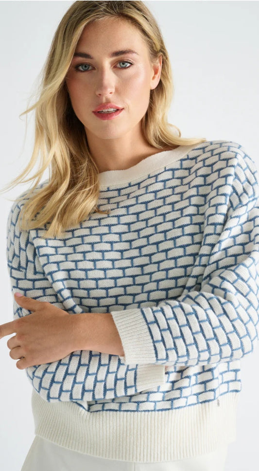 Marie Mero Geometric blue and white jumper