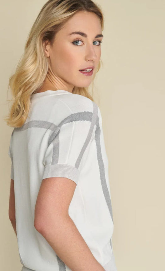 Marie Mero White and Grey V-Neck Knit Top